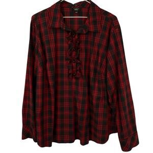 Talbots Woman 18WP Red Tartan Plaid Popover Shirt Ruffled 1/4 Button Preppy